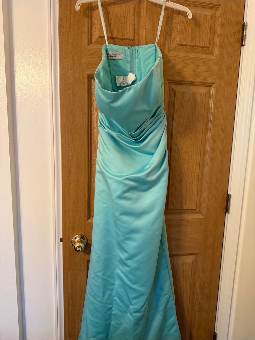 Aqua Satin Strapless Evening Gown